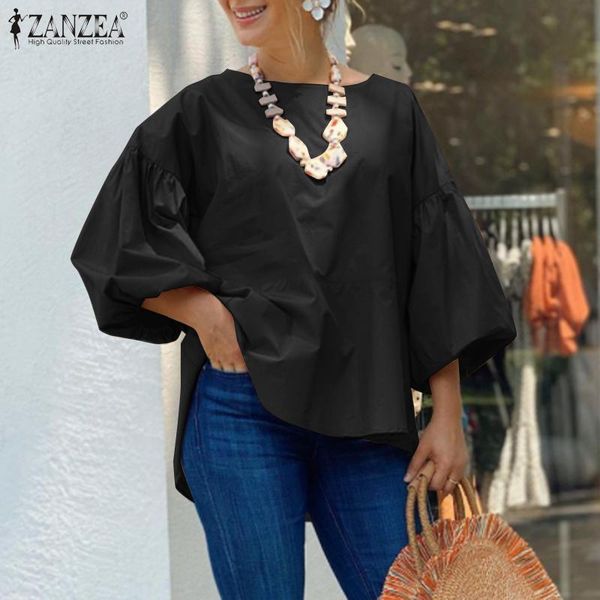 

women's blouses & shirts office lady blouse women zanzea 2021 summer puff half sleeve casual ladies solid loose o-neck blusa, White