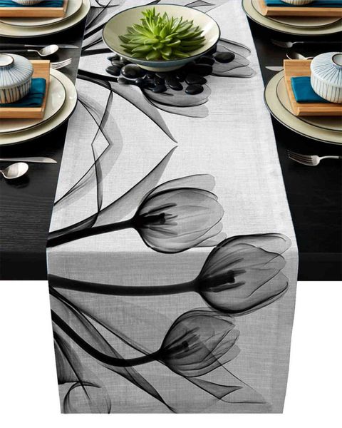 Tulipa flor preta e branca silhueta mesa corredor linho mesa de algodão bandeira festa moderna decoração casamento decoração mesa de jantar 211117