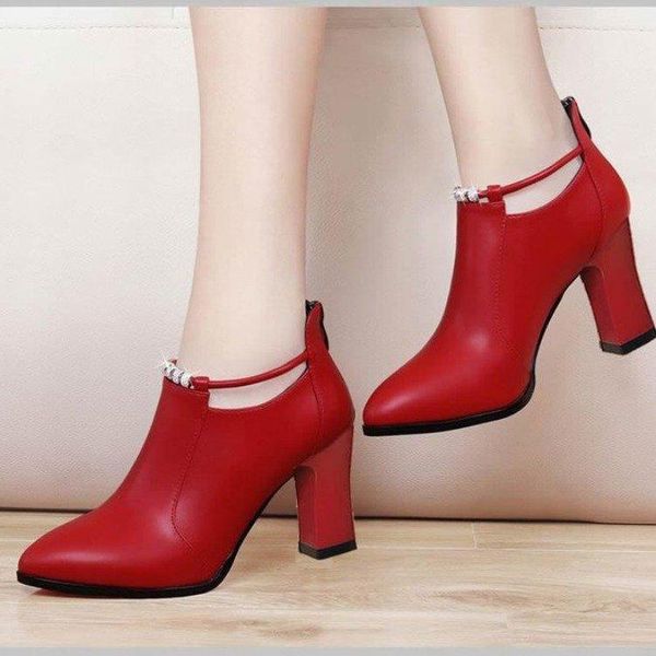 

dress shoes botas mujer2021 boots women shallow round toe red women's heels ankle pu leather zapatos de mujer, Black