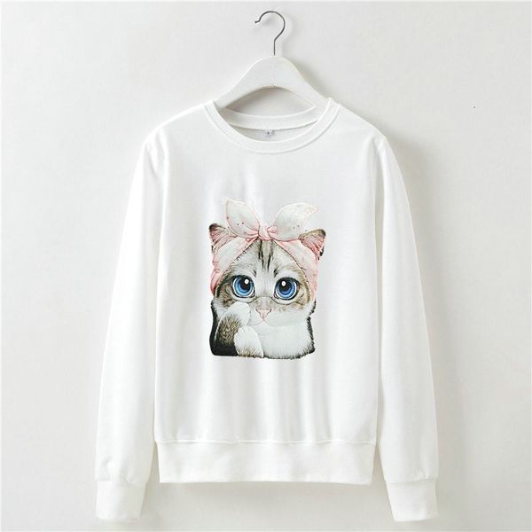 

spring autumn new style t shirts cute cat print long sleeve o neck tshirt femme casual slim fit women tees, White