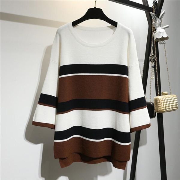 

women's sweaters plus size women clothing pullover loose sweater autumn winter lady 2021 korean striped splice knitted casual o-neck 4, White;black