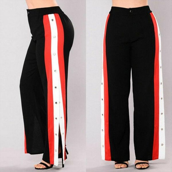 

brand fashion cut off rivet womens capris button striped split side wide leg pants trousers casual loose, Black;white
