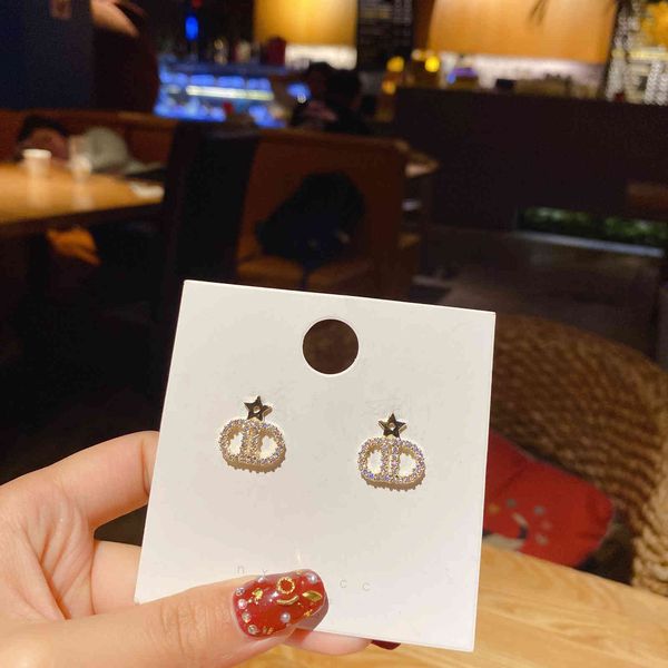 

d letter earrings female korean temperament net red high sense star s925 sier needle five pointed personalized, Golden