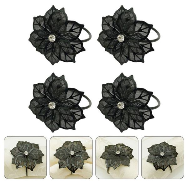 

napkin rings 4pcs ring metal mesh flower elegant buckle holder for dinner wedding party (black)