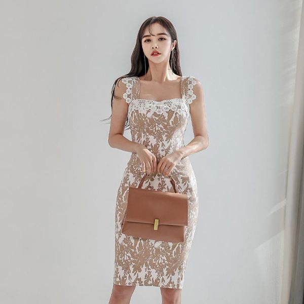 

arrival fashion korean summer midi party dress women ol flower print lace ladies sleeveless strap bodycon holiday casual dresses, Black;gray