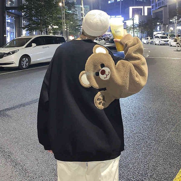

mens sweater lamb cashmere sweater men's autumn loose stitched coat tide brand ins bear embroidery korean fashion couple top, Black