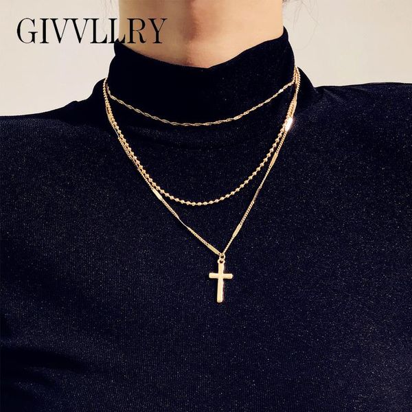 

pendant necklaces 3 layered handmade chain necklace women jewelry vintage punk triple chains minimalist gold geometric cross, Silver