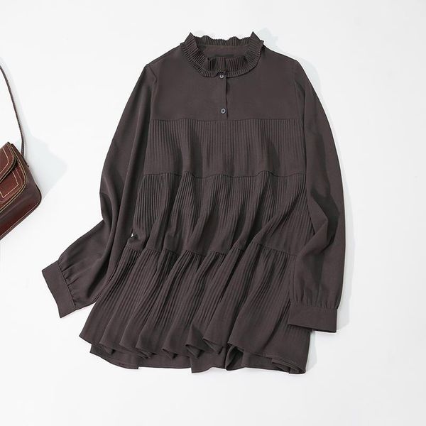 

casual dresses superaen 2021 autumn stand solid pleated loose slim full for women, Black;gray