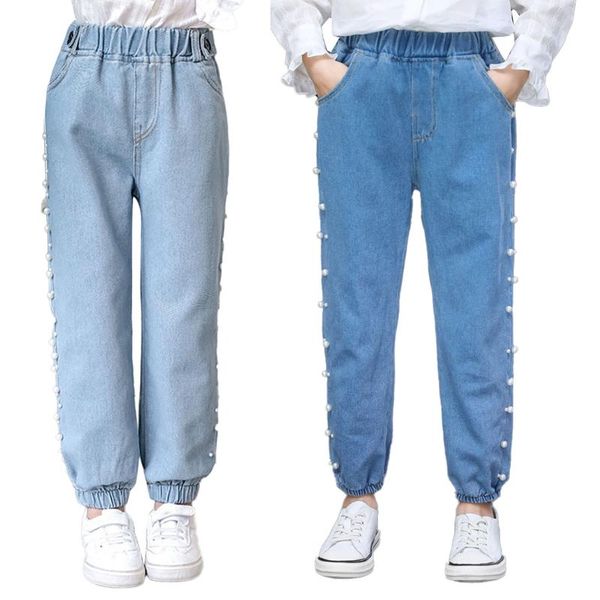 

oyolan children long pants 2021 spring autumn wear teenage pearl pocket blue denim trousers beaded jeans for girls kids clothes