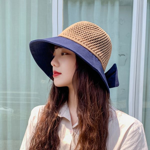 

hollow knitted fishing cap with stitching in spring and summer, Blue;gray