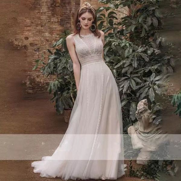 

bohemian wedding dress 2021 scoop neck open back beach lace a line tulle wedding gown vestido de novia boho bride dresses boda, White
