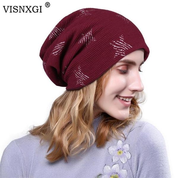 

beanies visnxgi women skullies thickening winter pentagram print hat knitting double layer durable warm thick female cap