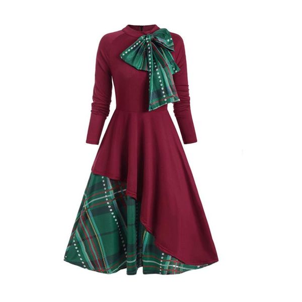

casual dresses hillsionly plus size fashion women plaid bowknot long sleeve dress o neck stitching big swing evening party elegant maxi, Black;gray