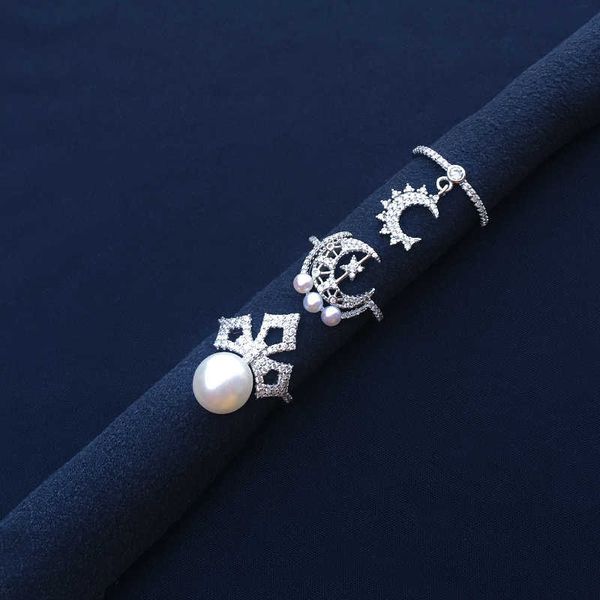 

cheny s925 sterling silver september diamond moon pendant natural pearl star moon cross ring female light luxury banquet, Golden;silver