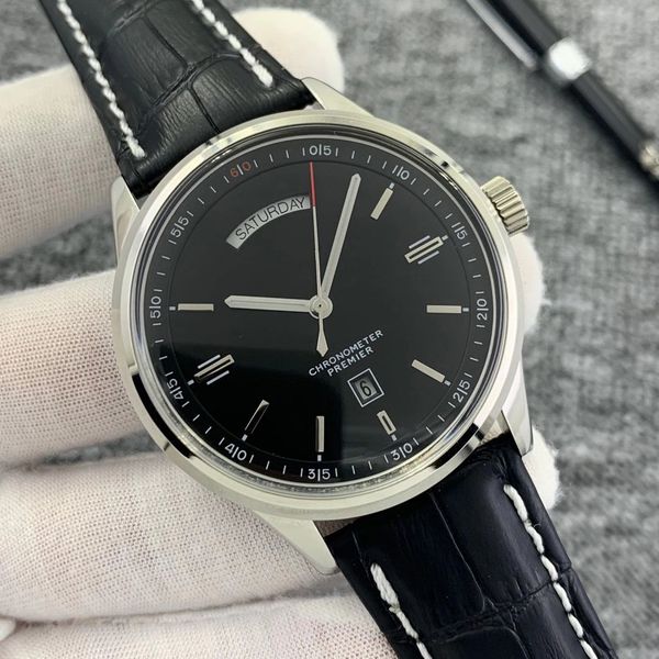 

premier automatic day date 40mm mens watches men watch wristwatches stainless steel smooth bezel black dial leather strap, Slivery;brown
