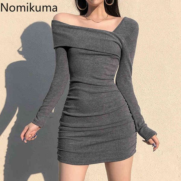 

nomikuma skew collar strapless slim dresses high waist new women dress korean solid long sleeve vestidos femme 6d946 210427, Black;gray