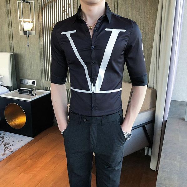 

men's casual shirts summer big letter print shirt men fashion trend color contrast slim short sleeve dress 2021 korean v, White;black