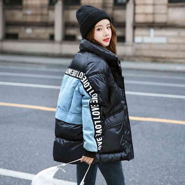 

denim stitched down jacket women's middle and long 2021 winter new korean loose design thickened stand collar, Black
