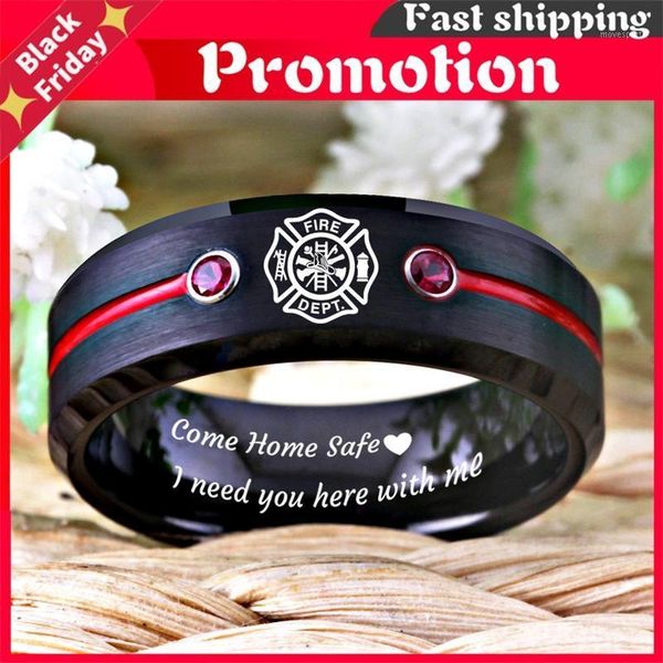 

wedding rings firefighter design fireman fire ring men's black tungsten with red groove cz anniversary gift1, Slivery;golden