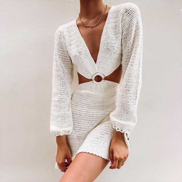 

hollow out summer stripe women dresses long sleeve backless v neck beach party mini casual for vestidos, Black;gray
