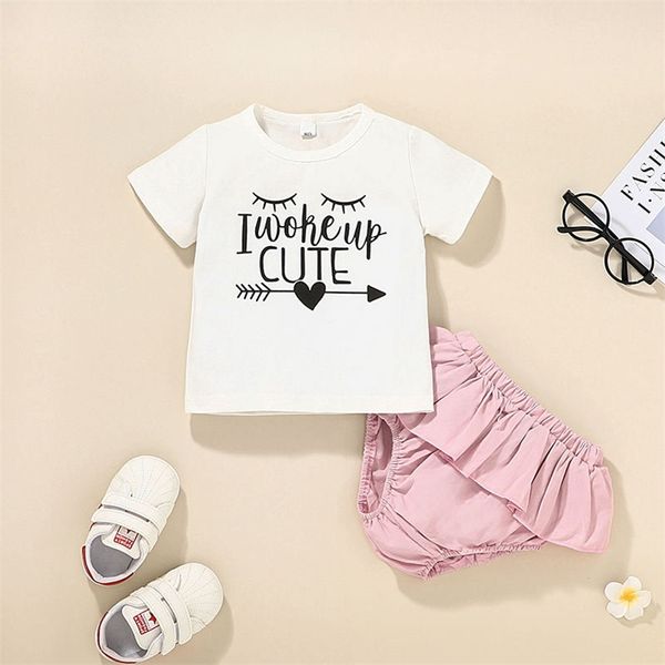 Sommer Kinder Sets Kurzarm O Hals Druck Brief T-shirt Rosa Solide Rüschen Shorts 2 stücke Mädchen Jungen Kleidung Set 0-2T 210629