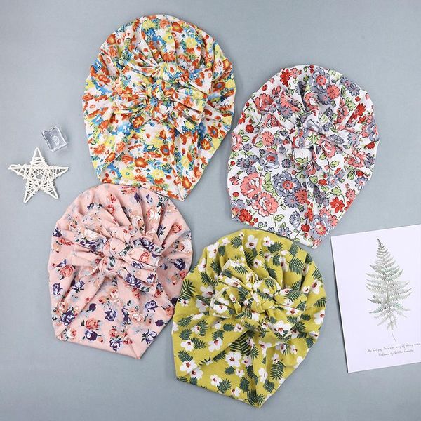 

caps & hats flower print baby turban hat three bows born soft elastic girls headwrap beanies summer infant toddler kids cap, Yellow
