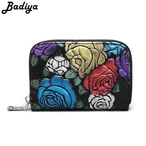 

wallets women genuine leather wallet personlity retro embroidery floral zipper clutch bag multi-card slots id holder ladies coin purse, Red;black
