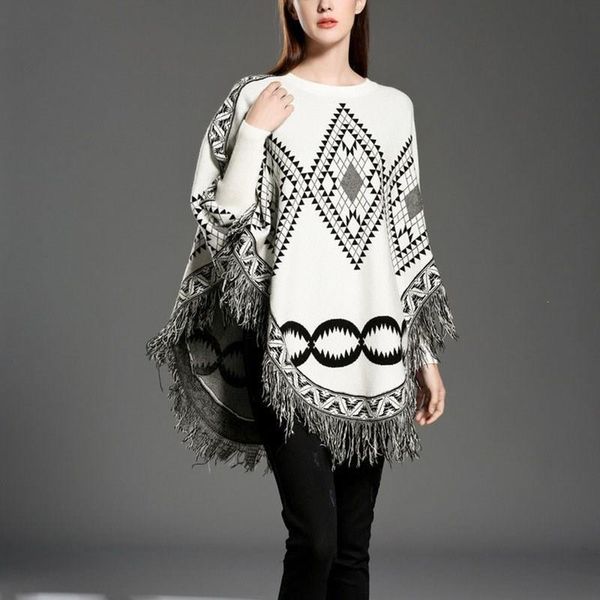 

women's cape autumn sweater women knit cloak print ladies europe america street style shawl szp5, Black