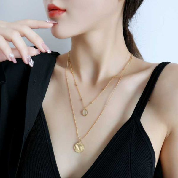 

chains 316l stainless steel double layer letter round opal pendant charm chain choker necklace for women fashion fine jewelry gifts, Silver