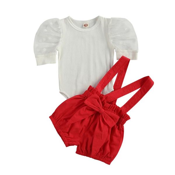 

clothing sets 0-24m fashion infant baby girl clothes summer dot lace puff short sleeve knitted romper+bow red straps shorts overalls 2pcs, White