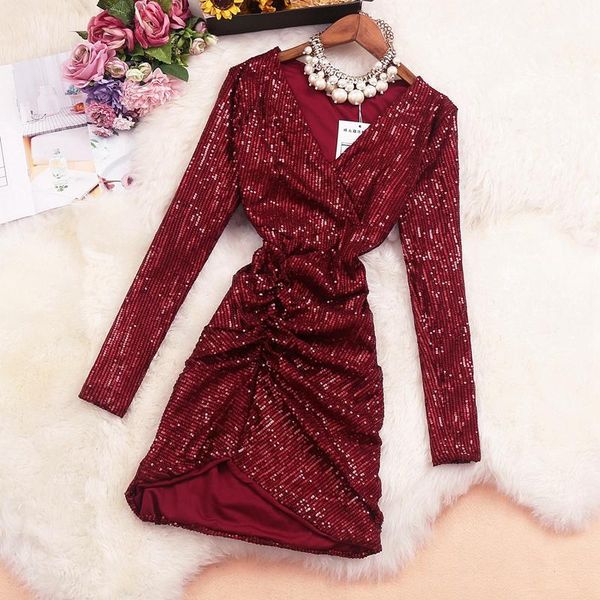 

casual dresses summer women's dress v-neck sequin pleated long-sleeved slim slimming buttocks woman short gx048, Black;gray