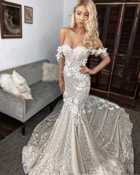 

off the shoulder lace mermaid wedding dresses appliqued court trian backless tulle bridal gowns vestidos de novia, White
