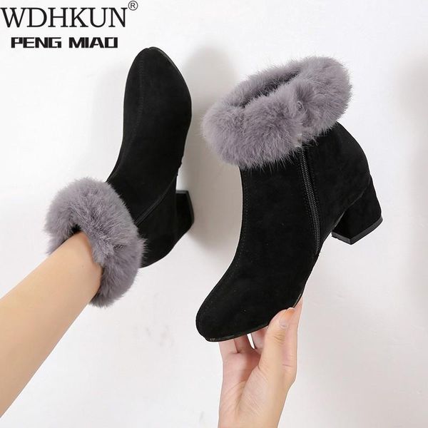 

boots real fur flock women pointed toe ankle square heel side zipper winter short plush warm womens, Black