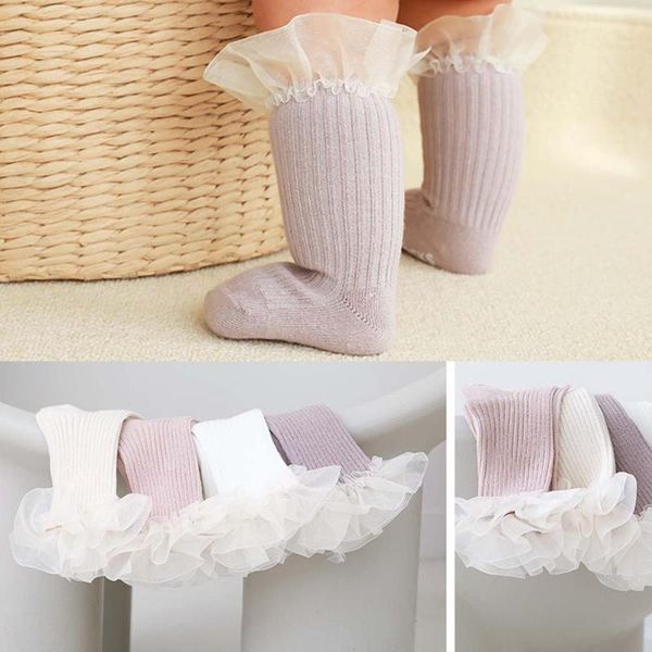 

spring summer korean flower lace knee high sock for baby girls non-slip princess cotton toddler ruffle floor socks, Pink;yellow