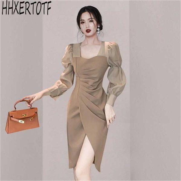 

spring women puff sleeve dress pleated female high waist elegant office clothes 210531, Black;gray