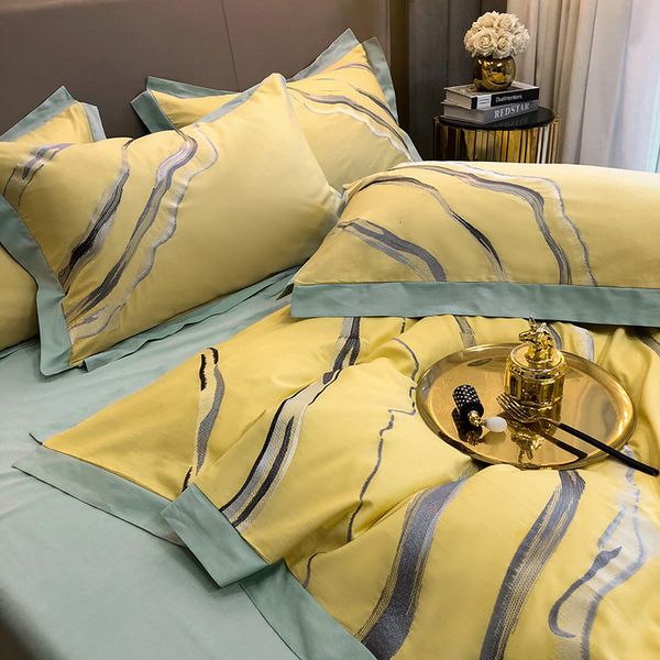 

simple 40s long staple bed four piece all cotton solid color marble embroidery set