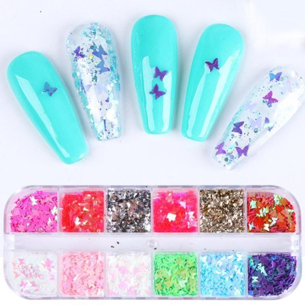 

grid/set 3d butterfly holographic nail sequins flakes sparkly slices glitter diy polish manicure nails art accessories1, Silver;gold