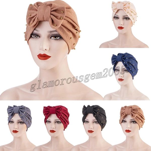 

muslim solid bonnet women big bowknot beads stretch hijab turban hat scarf headwear cap head wrap chemo beanies hair accessories, Blue;gray