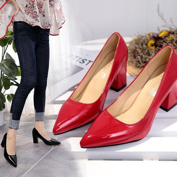 

dress shoes 2021 women pumps black high heels 7.5cm lady patent leather thick with autumn pointed single female sandals big 33-43