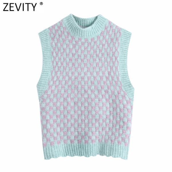 

zevity women contrast houndstooth plaid short knitting vest sweater female chic o neck sleeveless pullovers waistcoat sw702 210419, Black;white