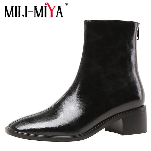 

boots mili-miya autumn women zipper square toe short quality leather 2022 fashion chunky heels shoes big size 34-42, Black