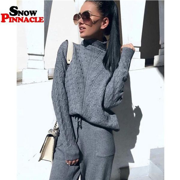 

women sweater suits set knitted tracksuit warm soft turtleneck pullovers and long pants for female customs 201008, White