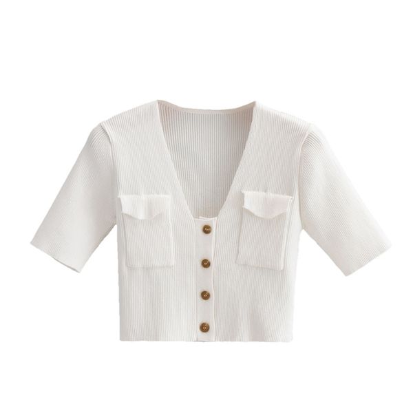 

women white knit tank summer thin v-neck short sleeve t shirts casual female sweater 210524