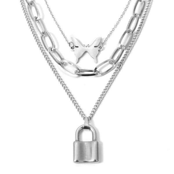 

chains fashion butterfly lock pendant necklace for women multilayer stainless steel clavicle chain choker party jewelry gift, Silver