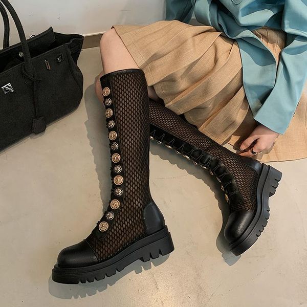 

genuine leather female knee high boots platform chunky heels summer woman working casual motorcycle shoes size 42 43, Black