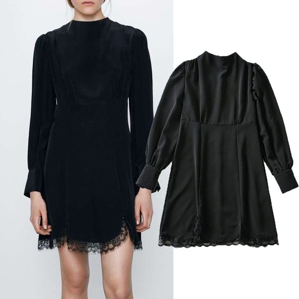 

casual dresses fashion folds lace dress o-neck long sleeve ladies elegant retro vestidos spring mini yzof, Black;gray