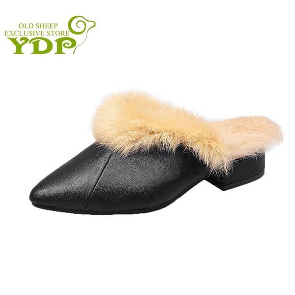 

slippers ydp women pu leather pointed toe low heels winter shoes female loafers fur zapatos de mujer, Black