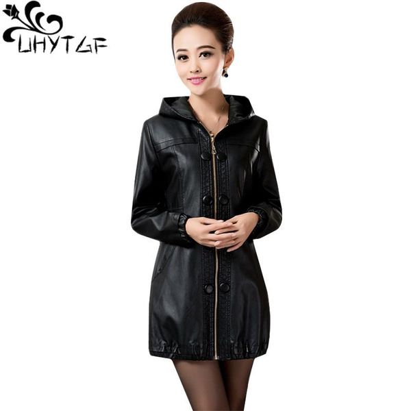

women's leather & faux uhytgf 5xl plus size jacket women mid-length casual coat solid color wild hooded autumn 805, Black