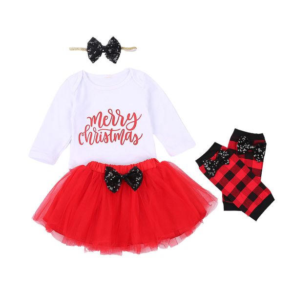 0-24m Feliz Natal nascido infantil bebê menina conjunto letra romper arco tulle tutu saias xmas vermelho roupas 210515