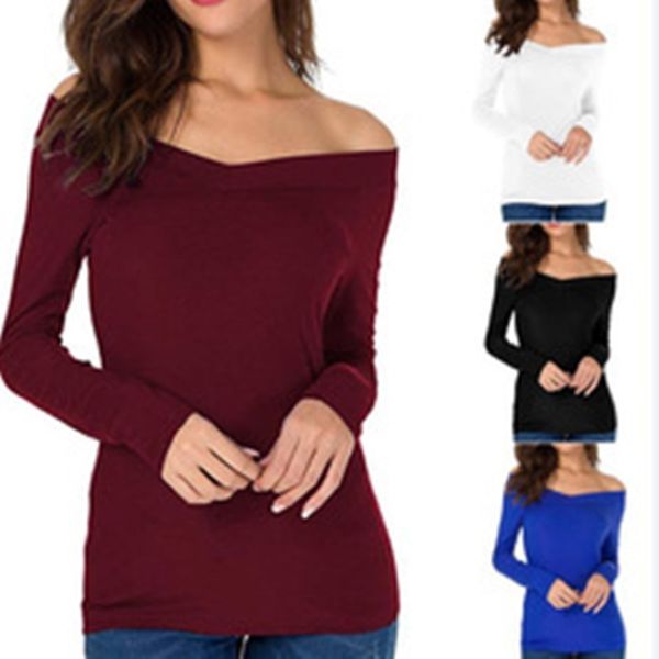 

fashion t-shirts women's one shoulder v-neck slim long sleeve, White